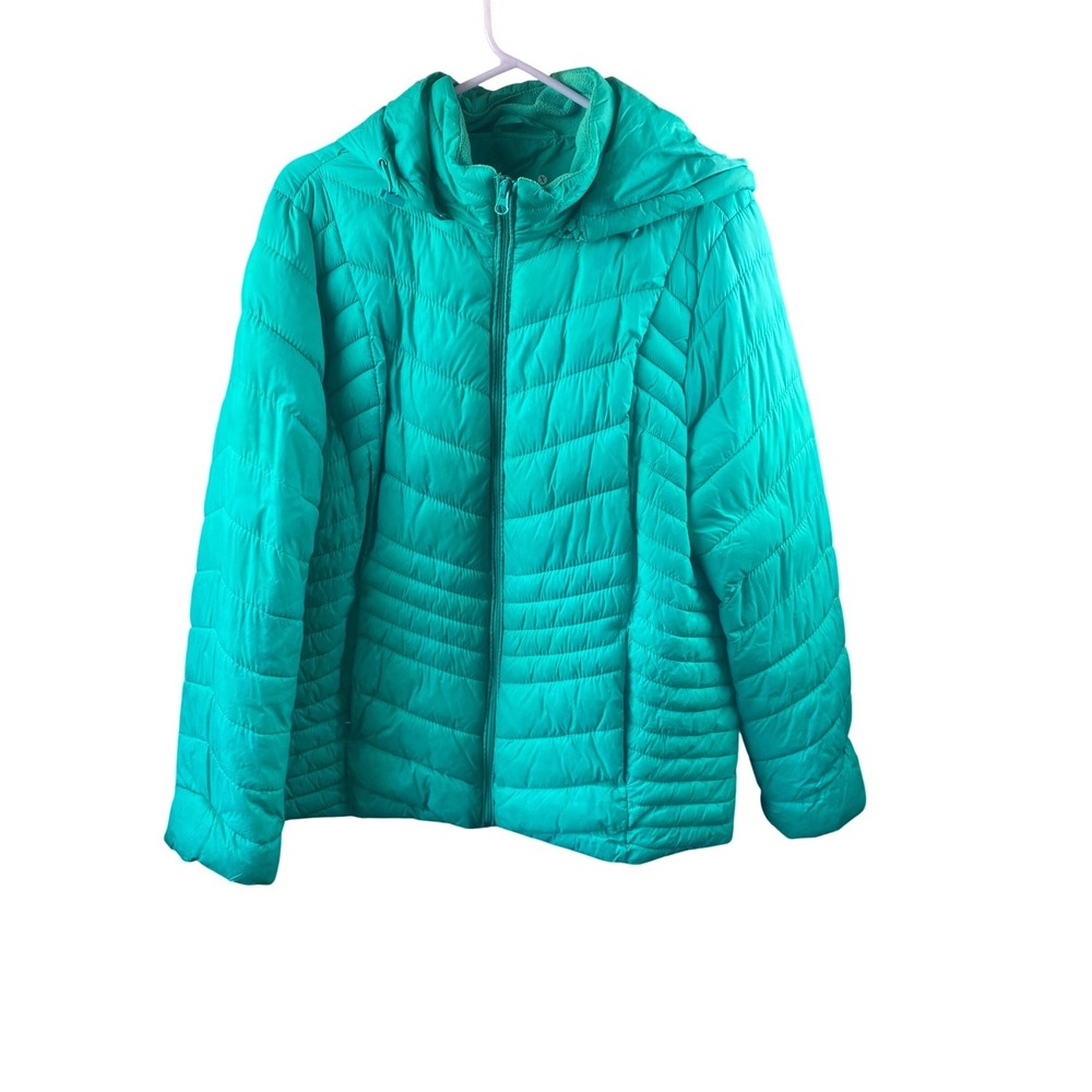 Xersion Coat Womens Large Teal Green Lifestyle Puffer Outdoors Hooded Full Zip